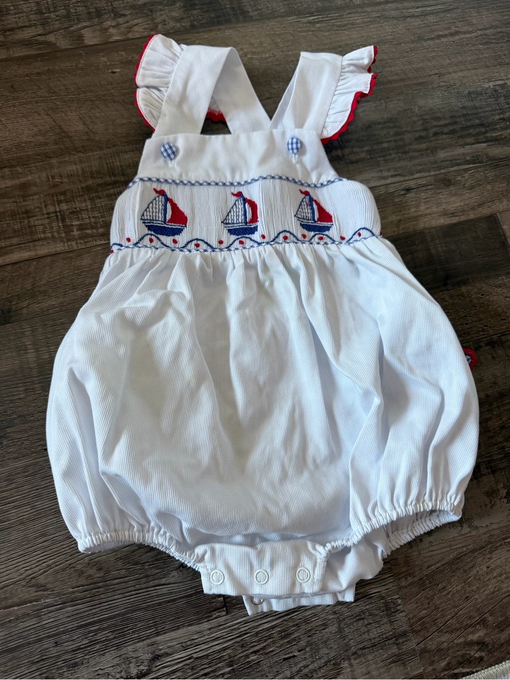 Classic Whimsy White Girl Bubble with Red & Blue Sailboat Smocking